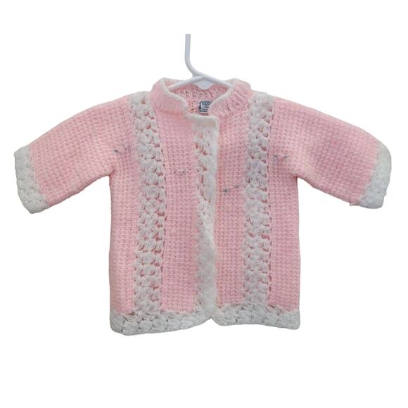 Vintage Baby Hand Knit Sweater Pink Rose Motif Soft New Buttons Layette - Picture 1 of 6